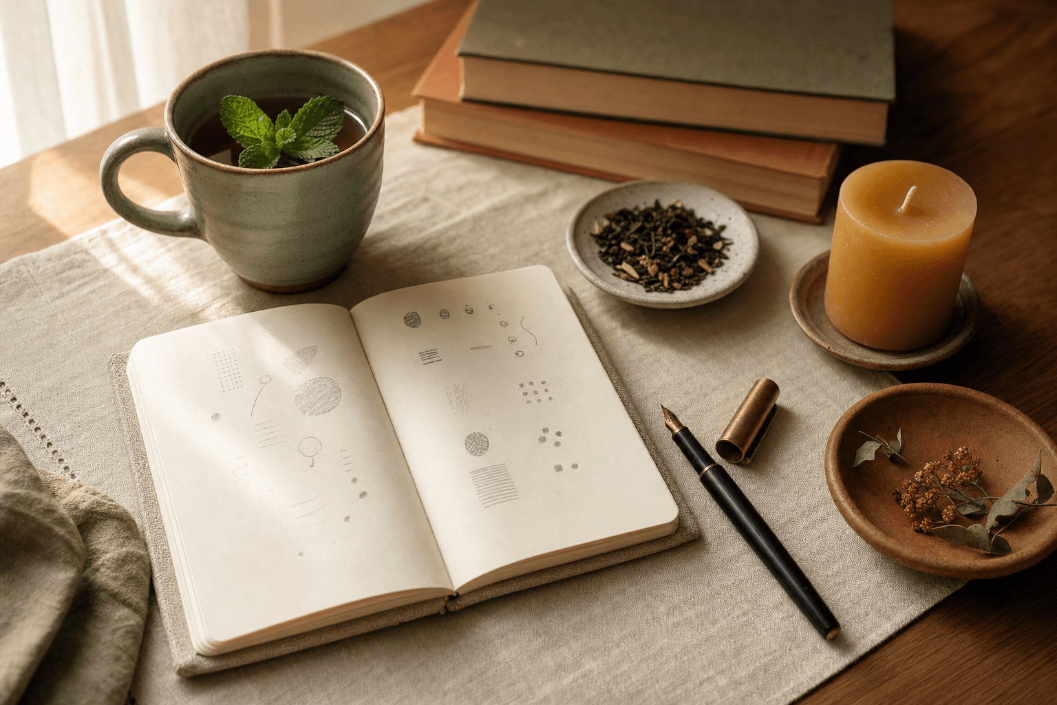 An end-of-afternoon tutor's desk — a sage mug with mint, an open notebook, a fountain pen. The choosing moment before the next lesson.