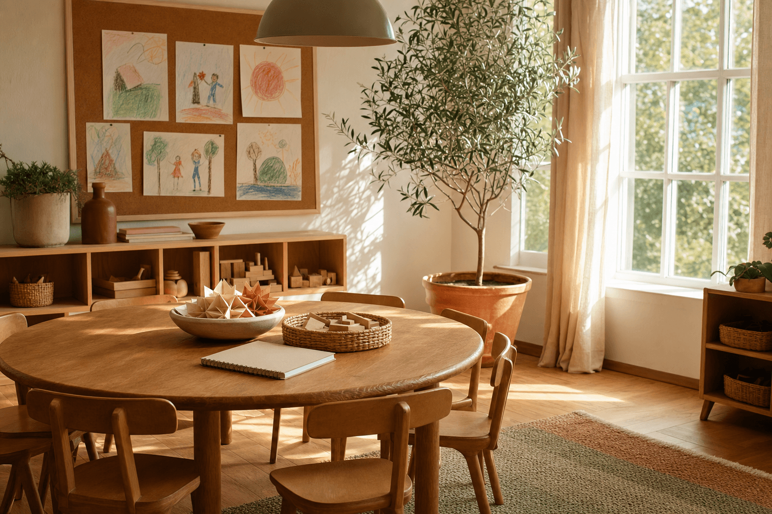 A corner of St. Anne's Microschool between sessions — round amber-wood table with eight small chairs, hand-folded paper flowers, children's crayon drawings on a corkboard, an olive tree by the window.