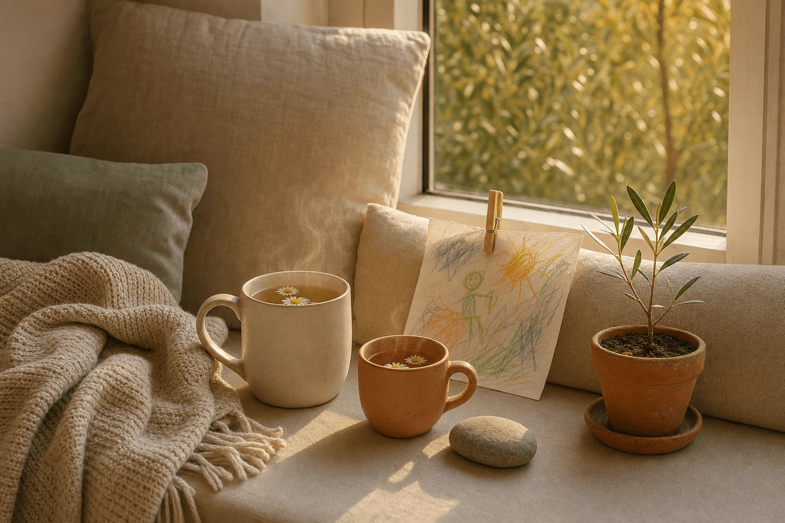 A reading nook at golden hour — two mugs, a child's drawing pinned with a wooden clip, an olive seedling. The kind of moment you find a tutor on a Tuesday night.