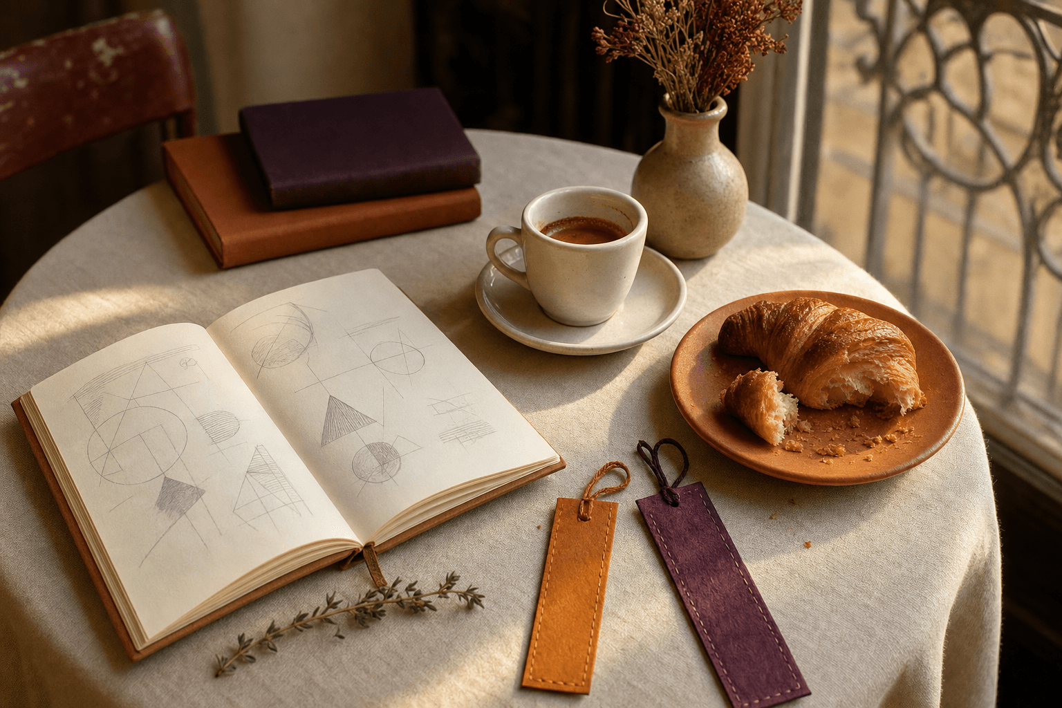 An afternoon café table — an espresso, a torn croissant, an open notebook — the kind of moment a Lingua lesson evokes.