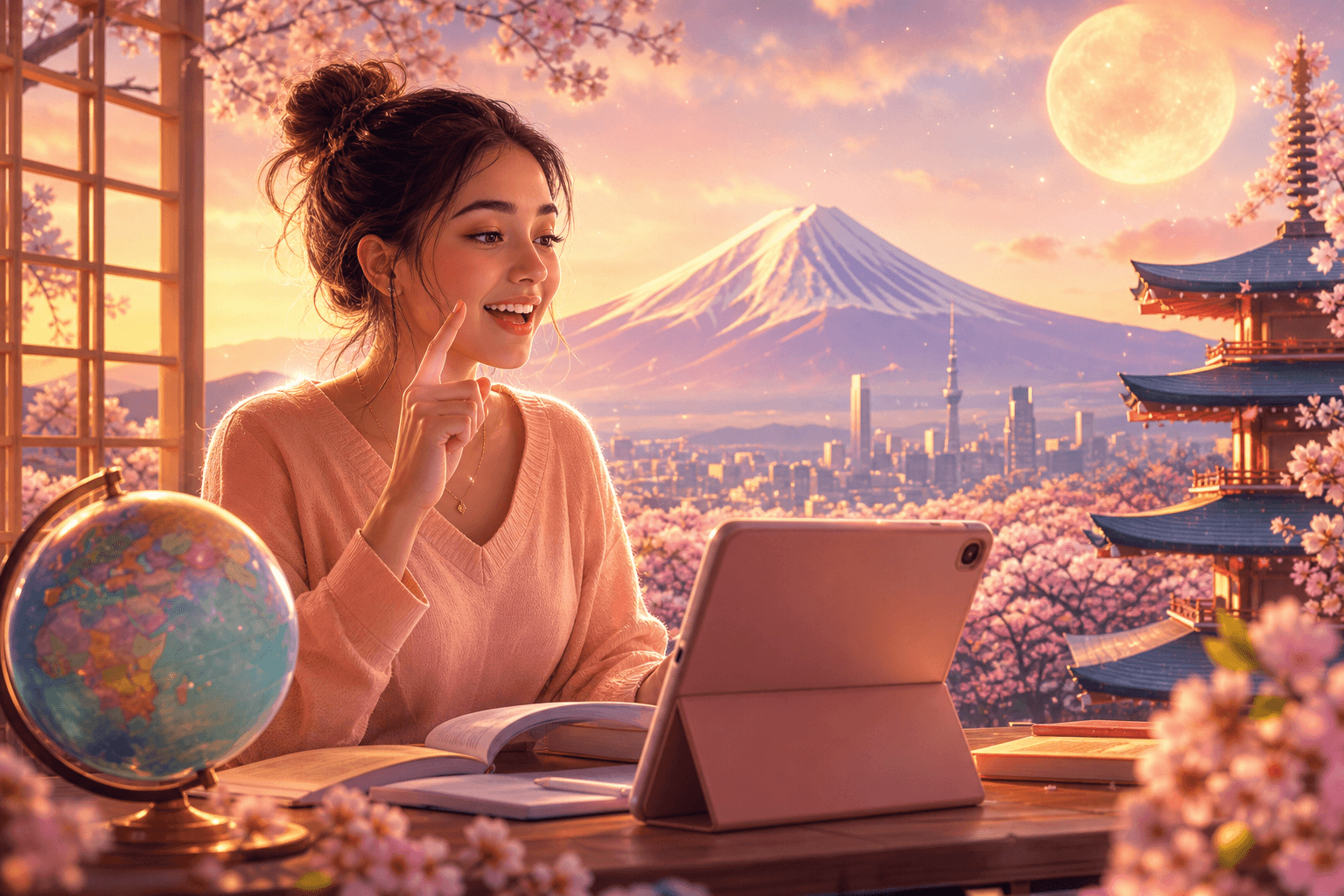 Bright illustrated scene of global language learning